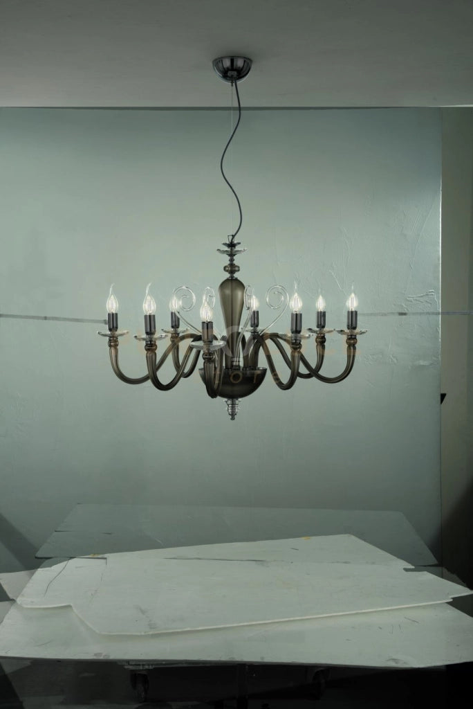 LAMPADARIO DEBUSSY 8 LUCI FUME' E CROMO ATTACCO E14 D.84CM
