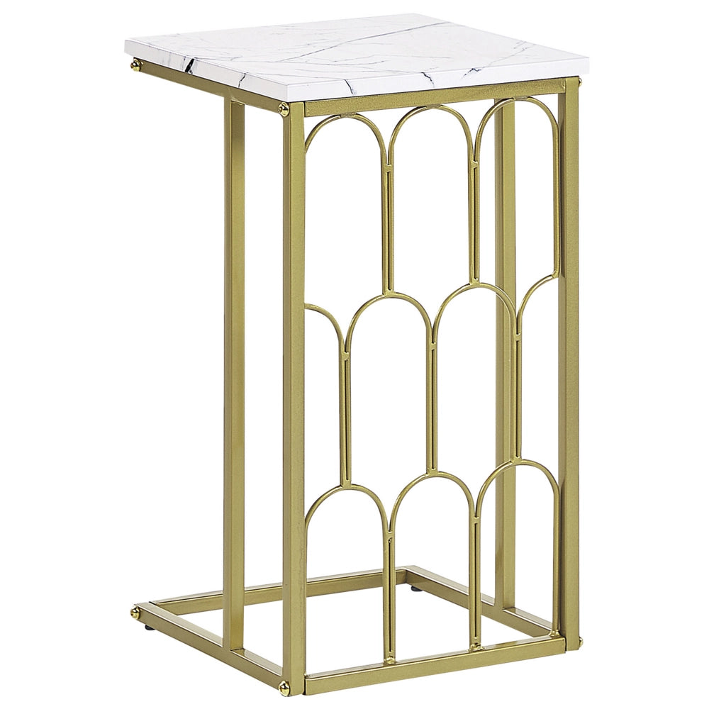 Tavolino dorato con Effetto Marmo Bianco MDF Quadrato Piano Ferro Metallo Base dorato Glamour