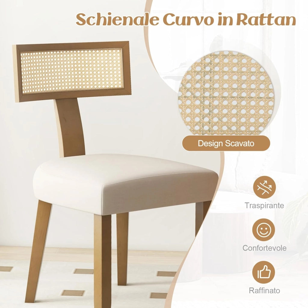 Set di 2 Sedie da Pranzo Imbottita, Sedia con Sedile Comodo, Schienale Curvo in Rattan e Piedini Antiscivoli per Soggiorno, Sala da Pranzo e Studio, Portata 180 kg (Beige)