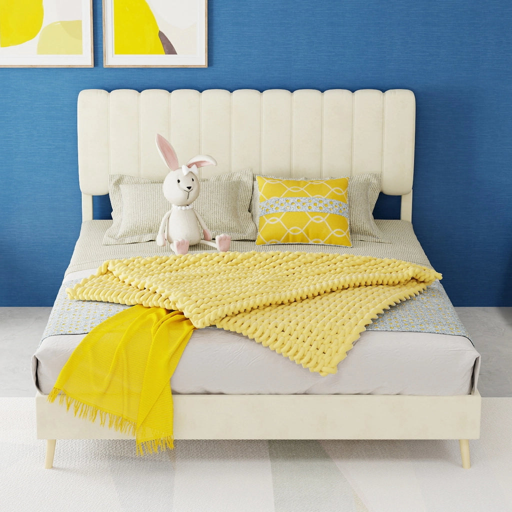 DESMIU Letto 140 × 200 cm 2 posti in velluto, testiera imbottita, senza materasso, beige