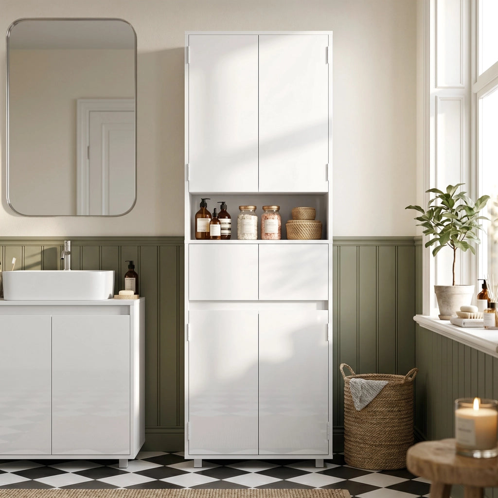 Mobile Alto da Bagno Slim Bianco Lucido con Cassetti e Ripiani