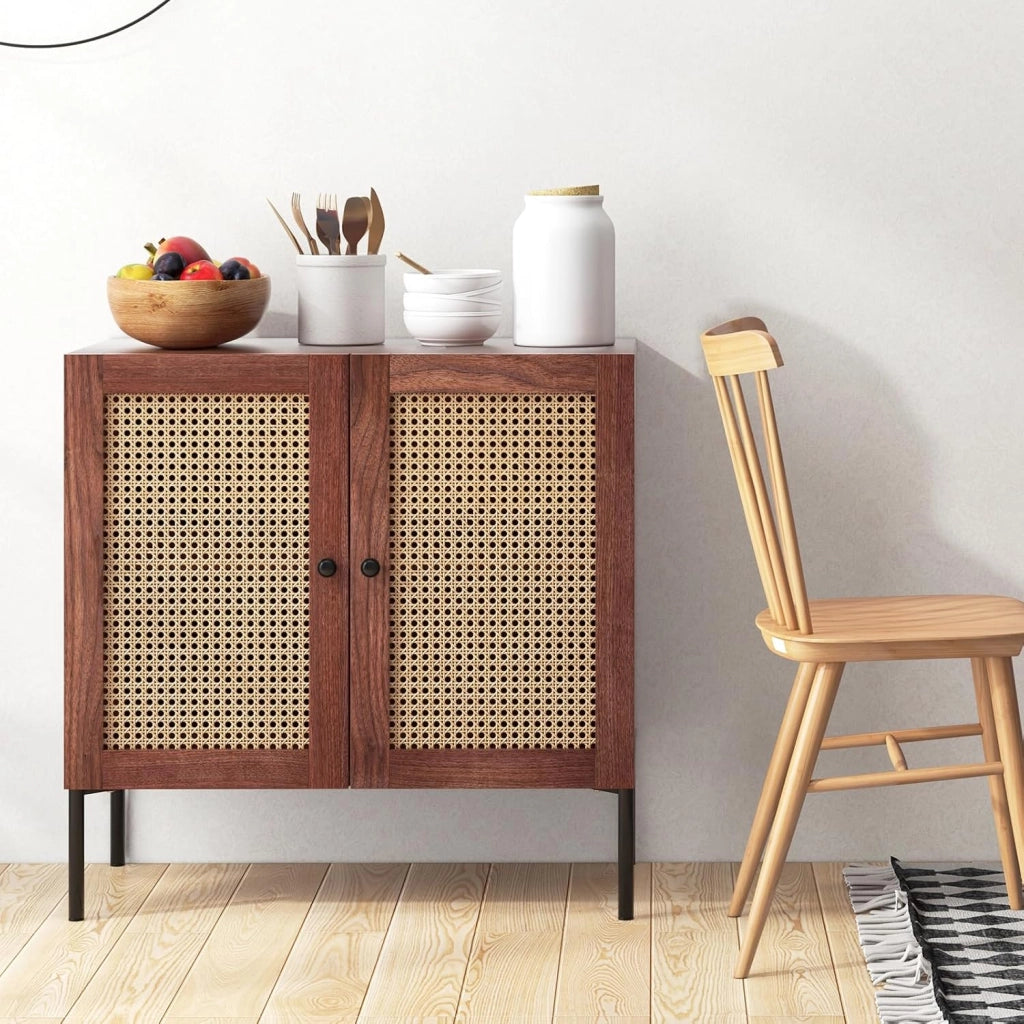 Credenza, credenza, credenza, credenza da cucina, con 2 ante e scomparti regolabili, armadietto a buffet, in legno e rattan, 80 cm x 40 cm x 80 cm (marrone)
