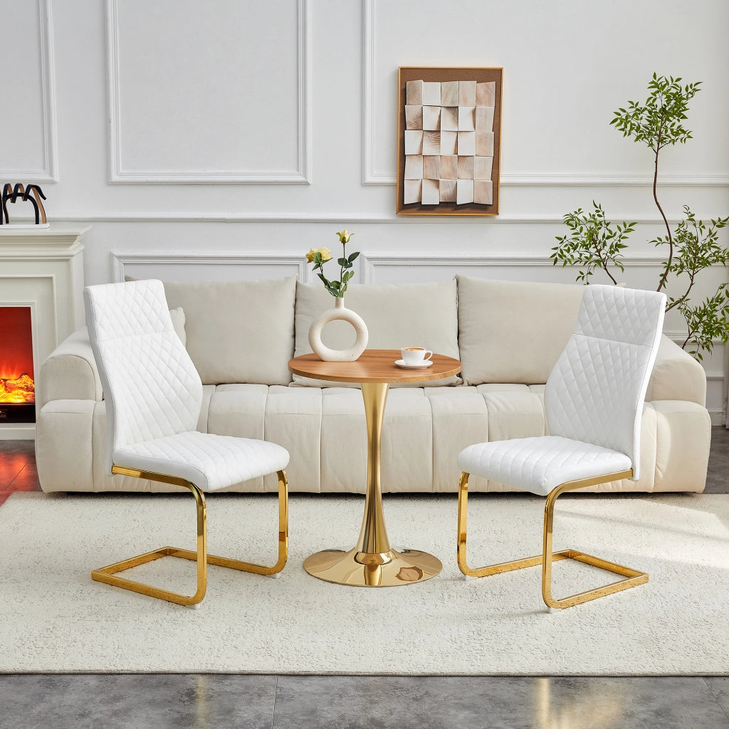 Tavolo da pranzo rotondo con 2 sedie, piano in MDF, base in metallo oro, sedute bianche con motivo a rombi, 60 cm