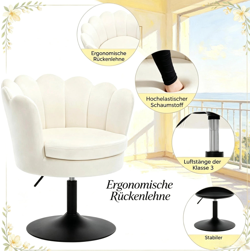 Sedia girevole ULEVR in velluto beige regolabile in altezza, con schienale e braccioli, base in metallo