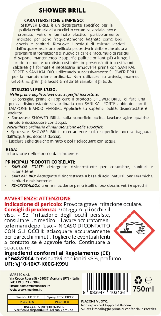 Detergente anticalcare bagno, protezione antigoccia, pulizia quotidiana Marbec SHOWER BRILL - 750MLx6Pz
