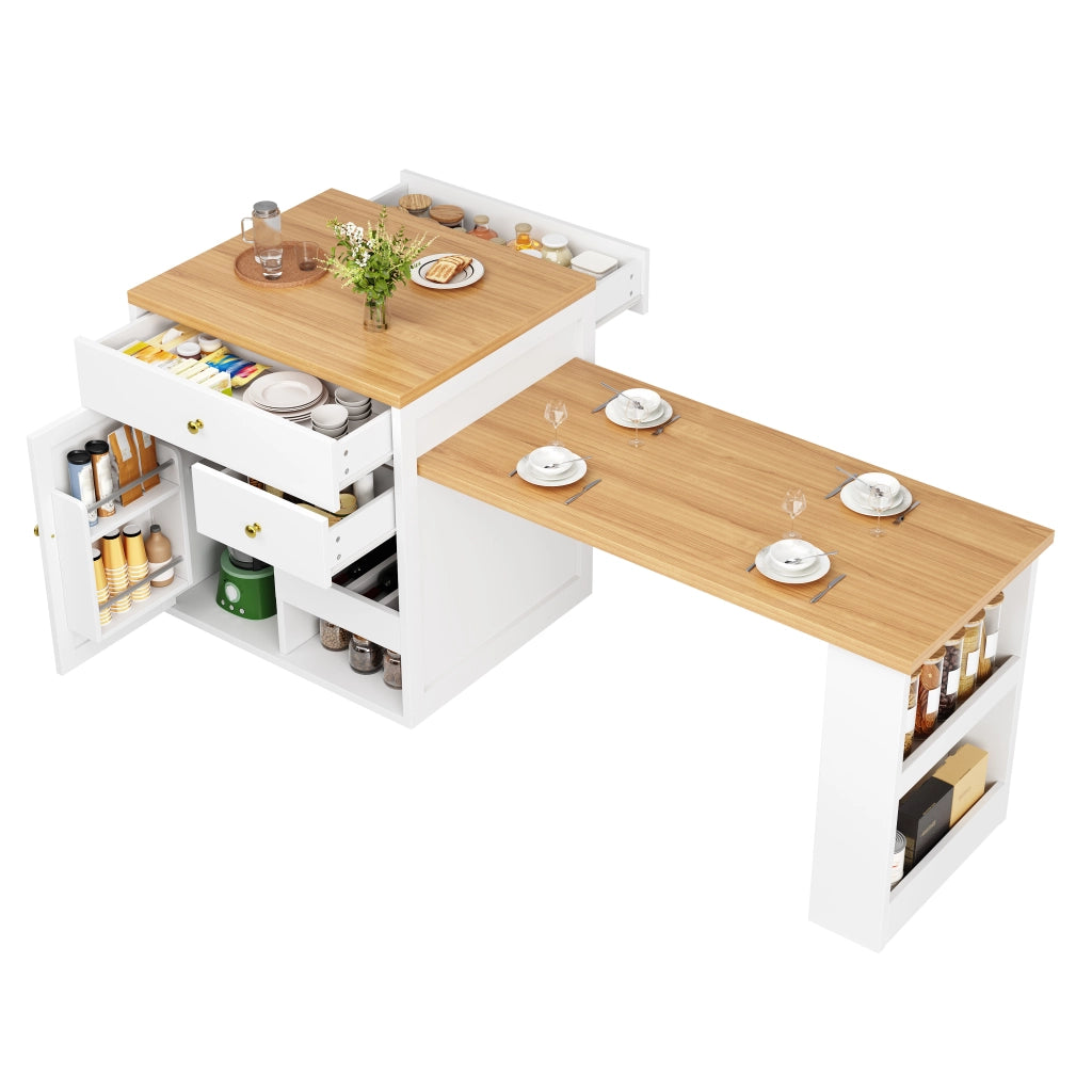 Mobile cucina a isola con piano estraibile; 2 cassetti e vani; per cucina; in MDF; 122.5x70x93.8 cm; bianco
