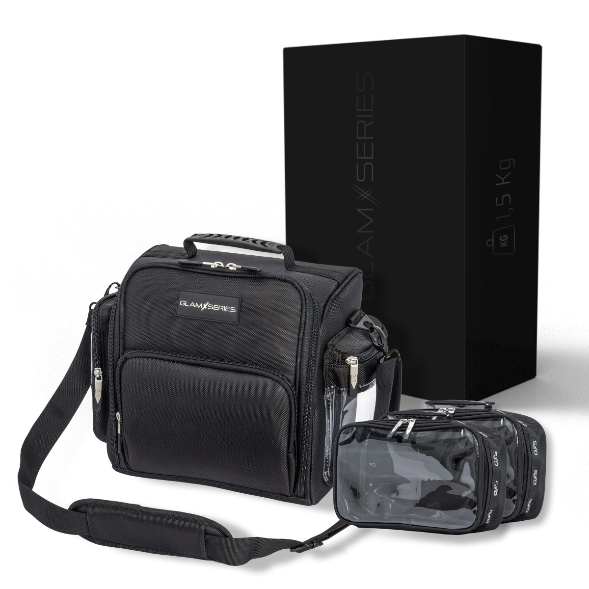 GlamSeries GlamTraveler Borsa porta trucchi con 3 astucci, trousse con fibbia per fissaggio a valigie, pochette da lavoro ideale per truccatori e parrucchieri