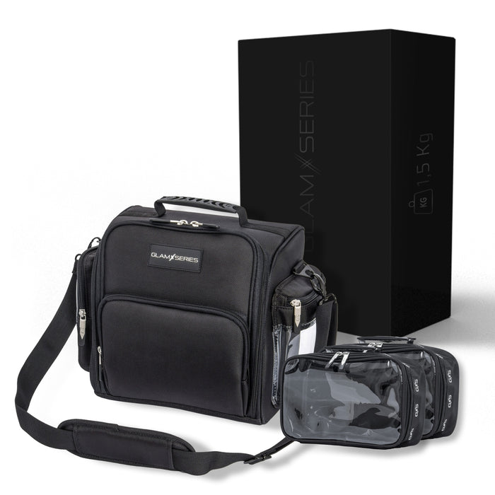 GlamSeries GlamTraveler Borsa porta trucchi con 3 astucci, trousse con fibbia per fissaggio a valigie, pochette da lavoro ideale per truccatori e parrucchieri