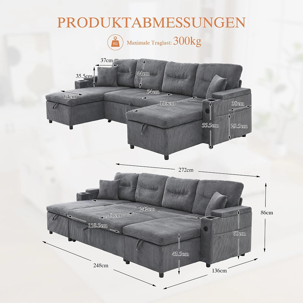 Divano moderno in velluto per 4 persone - Xylo - Con chaise longue, spazio di archiviazione, porta bevande, porte USB e funzione letto
