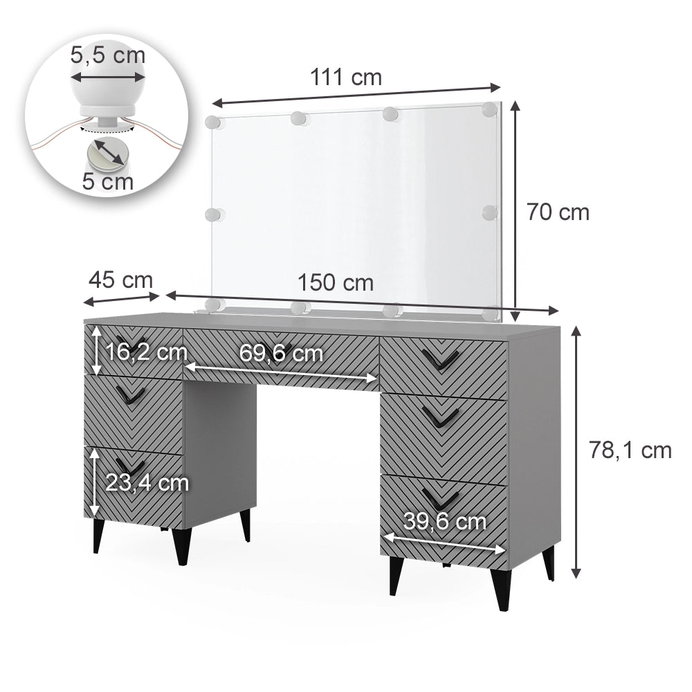 Vicco Tavolo da toeletta Grigio 150 cm con illuminazione a LED