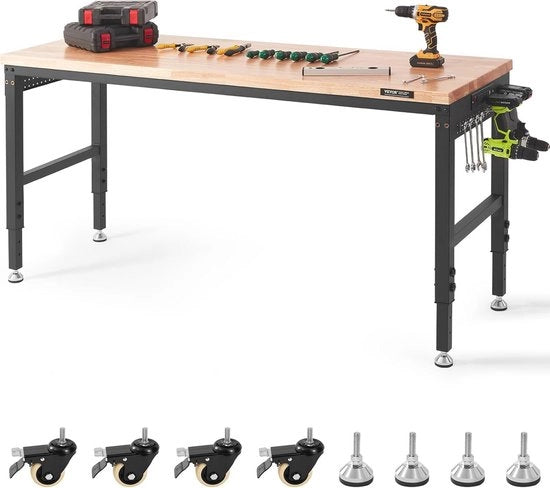 Tavolo da lavoro adattabile con superficie in legno e spazio di stoccaggio - tavolo da lavoro garage con ruote universali e regolazione di altezza