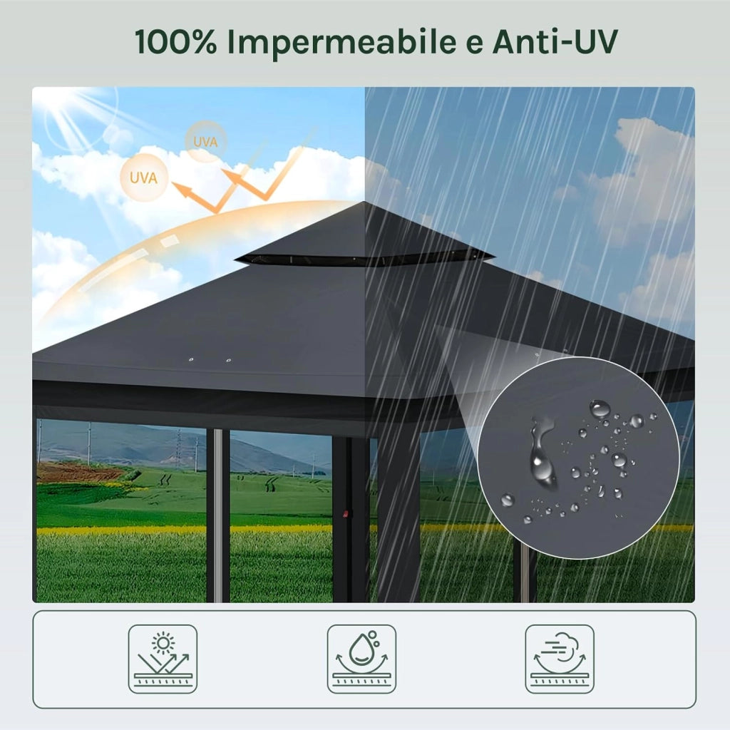 Gazebo da Giardino per Esterni, Gazebo 3x3 Pieghevole Impermeabile, con Zanzariera Rimovibile, Doppio Tetto, Borsa per Trasporto, Resistente ai Raggi UV, Antracite