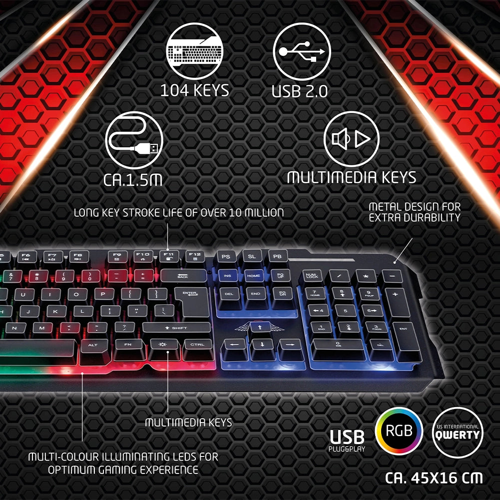 Tastiera Gaming da Gioco con 104 Tasti Illuminazione Led RGB Cavo 1,5m USB 2.0