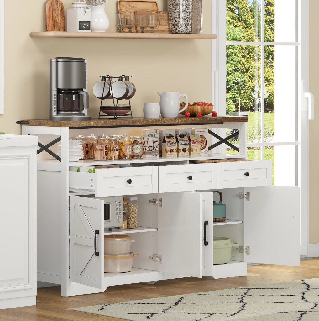 Credenza 140 cm bianca e marrone – 3 cassetti, contenitore, stile rustico
