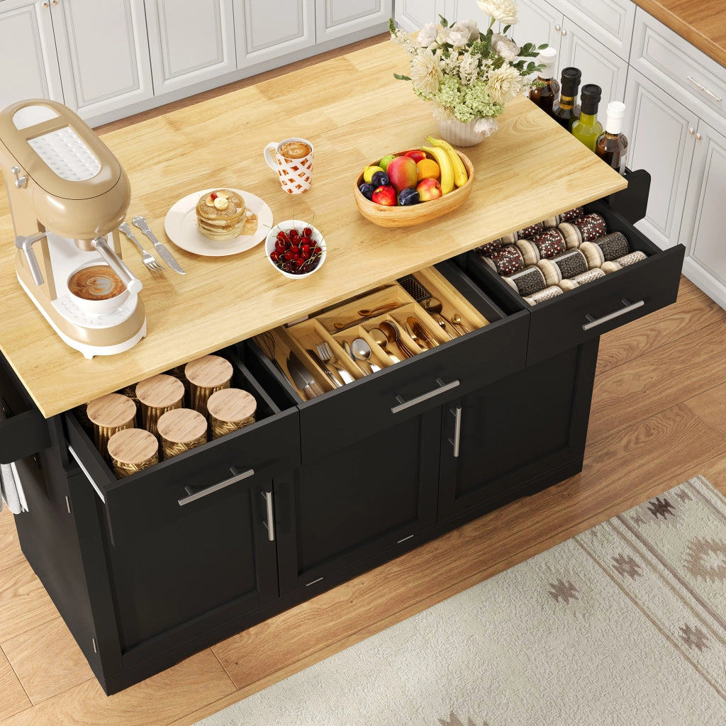 Carrello da cucina con 3 cassetti; 2 ante e vano rifiuti; portasciugamani e prese integrate; in MDF; nero e naturale