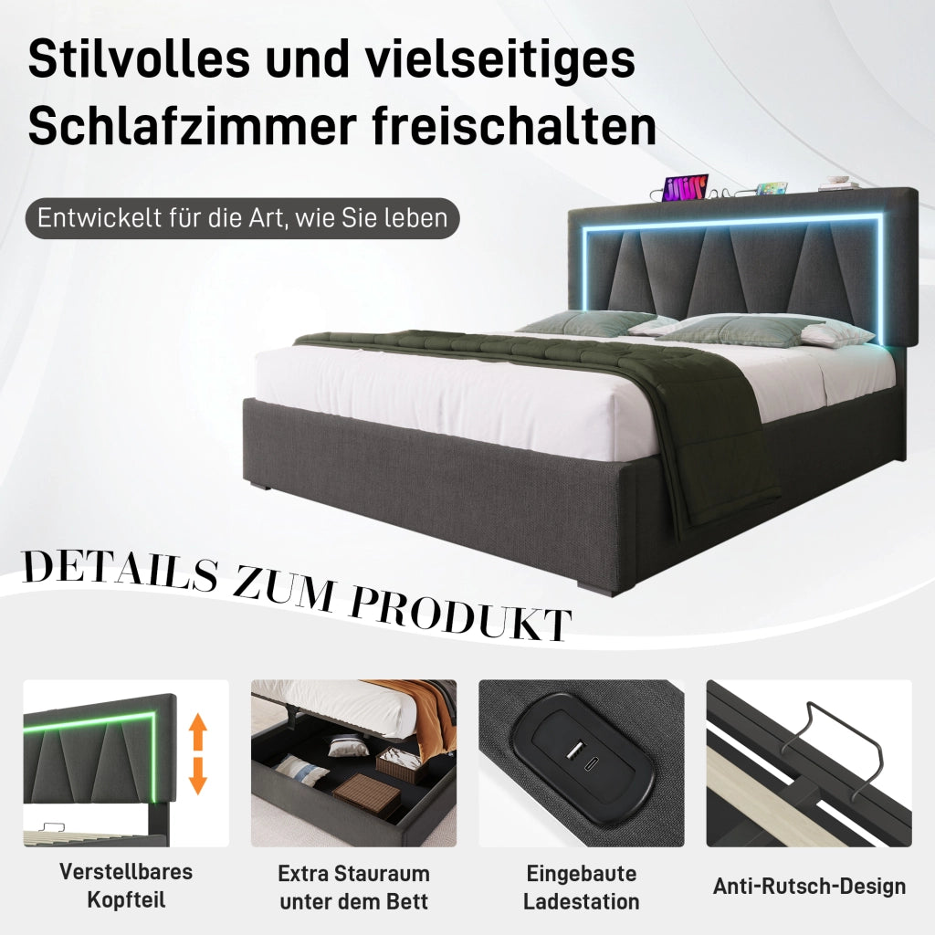 Letto imbottito con luci LED porta USB 160x200 cm lino grigio