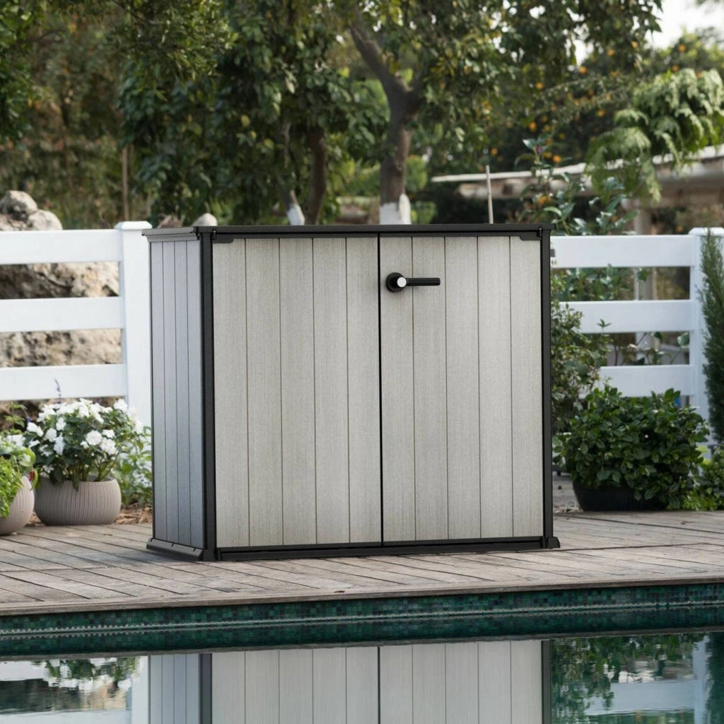 Armadio da esterno Kindersley, Mobile outdoor, Mobiletto giardino multiuso, Contenitore per balcone o garage, 140x77 h120 cm, Grigio