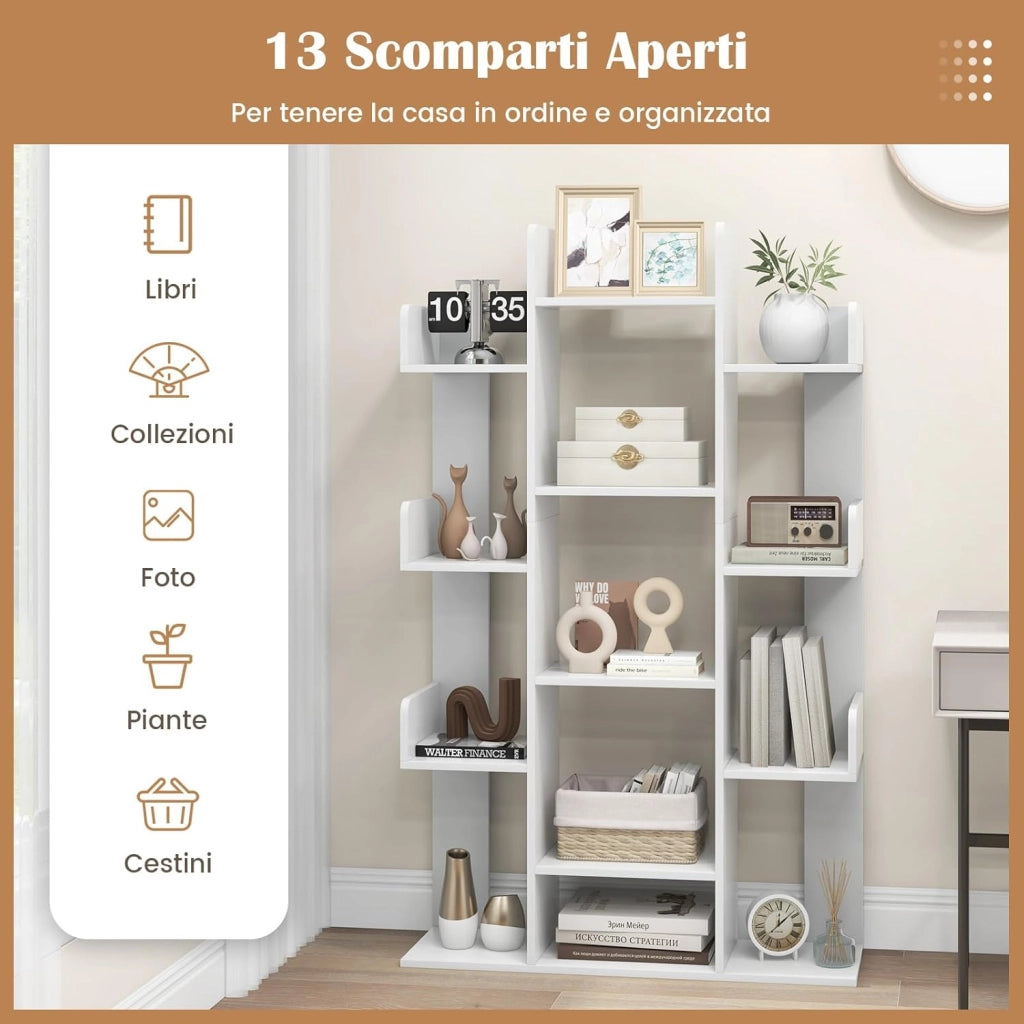 Libreria a Forma di Albero, Scaffale Multiuso con 13 Ripiani Aperti, Scaffale Decorativo Autoportante a Cubo per Soggiorno Studio o Ufficio, 86x24,5x141 cm (Bianco)