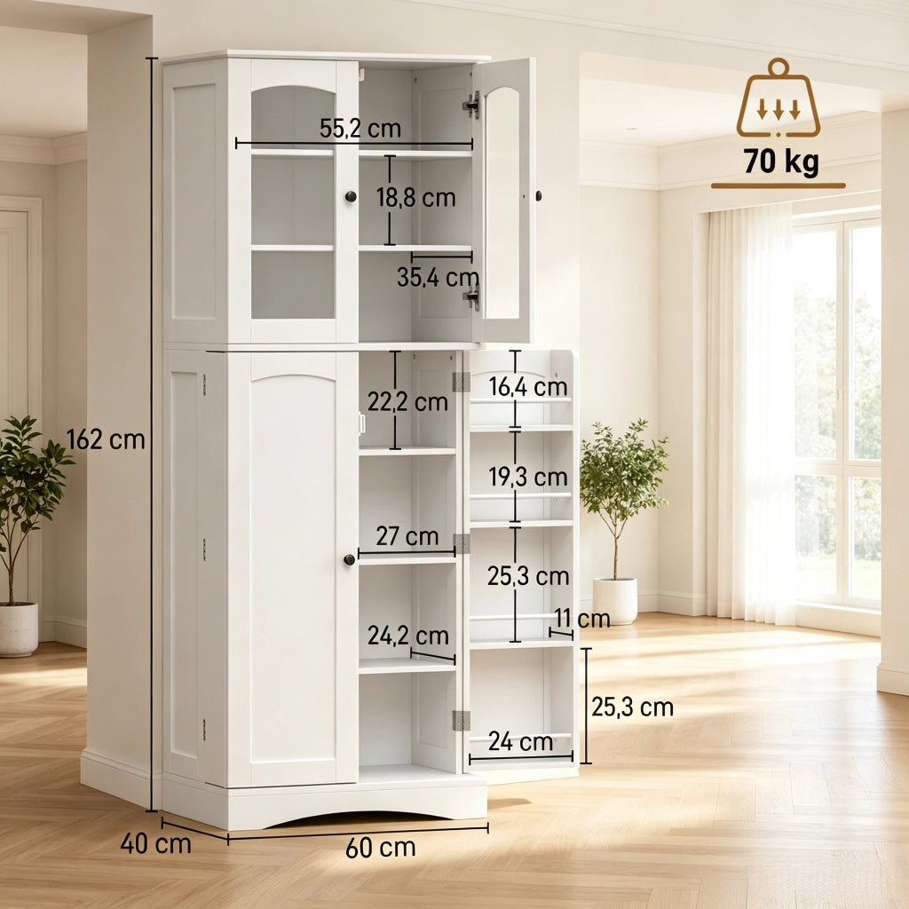 Credenza alta da cucina con ripiani regolabili e vetrina in acrilico, per cucina, bianca, 60 × 40 × 162 cm