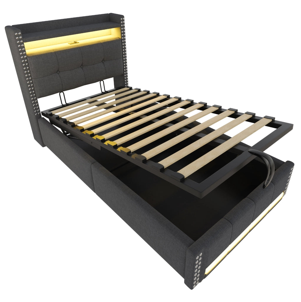 Letto imbottito per bambini 90x200 cm con LED, USB e contenitore idraulico grigio