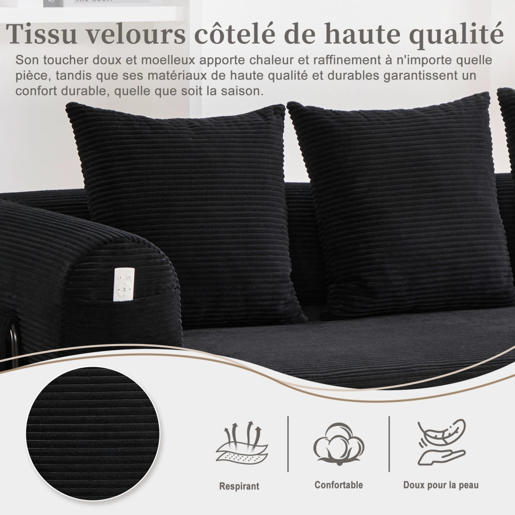 Divano modulare nero in velluto a coste con tasca laterale e 3 cuscini; 200x94x67 cm