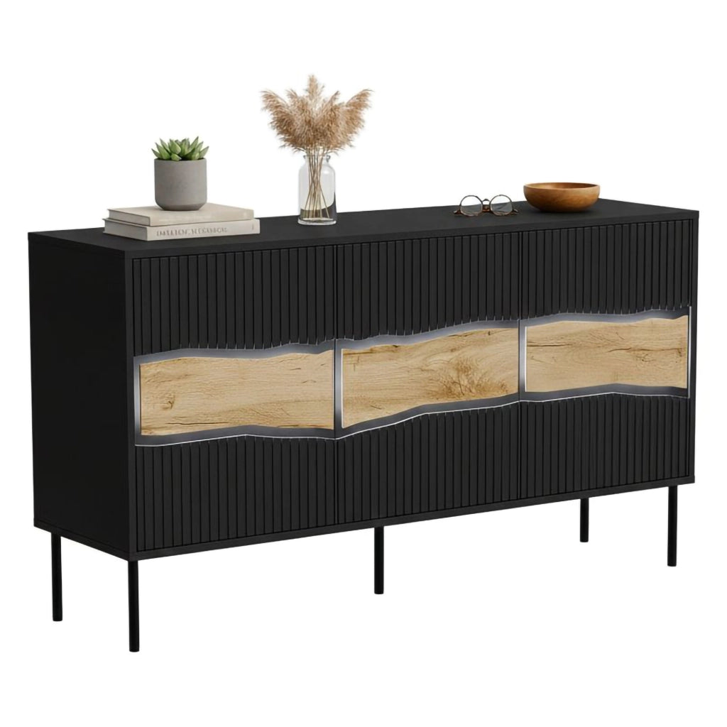 Credenza Saliceto, Madia da salotto con tre ante battenti e vani interni, Rialzata da terra, 144x40 h80 cm, Nero e Rovere Nodi