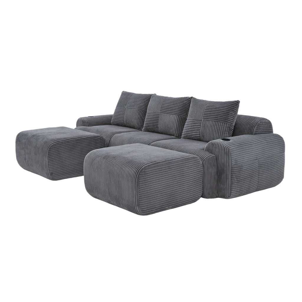 Divano modulare 3 posti con portabicchieri e tasca laterale in velluto a coste grigio scuro 268 × 174 × 66 cm