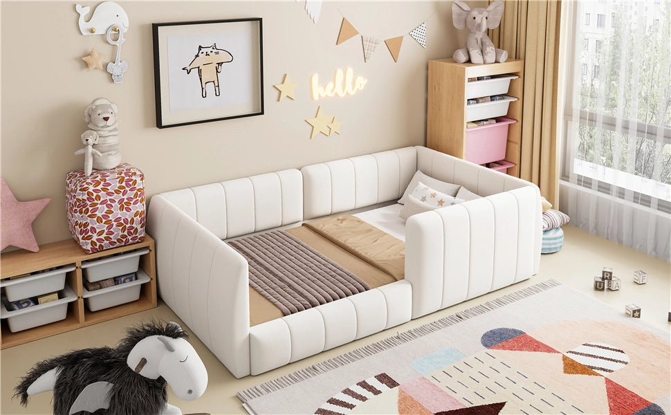 Letto imbottito con piattaforma e sponde di sicurezza - Zephmum- 90x200- Beige