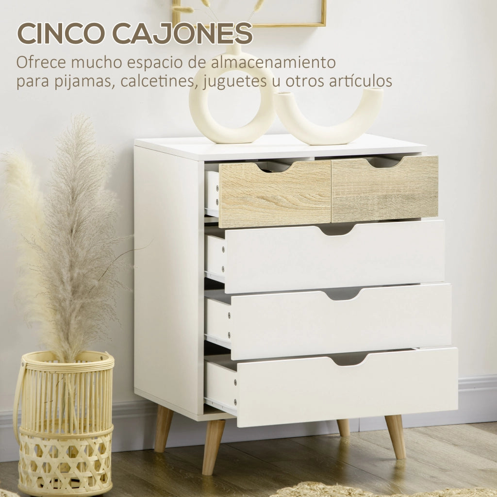 Cassettiera Moderna con 5 Cassetti ¨C Zephmum ¨C Legno Effetto Naturale e Bianco 60x40x77,5 cm
