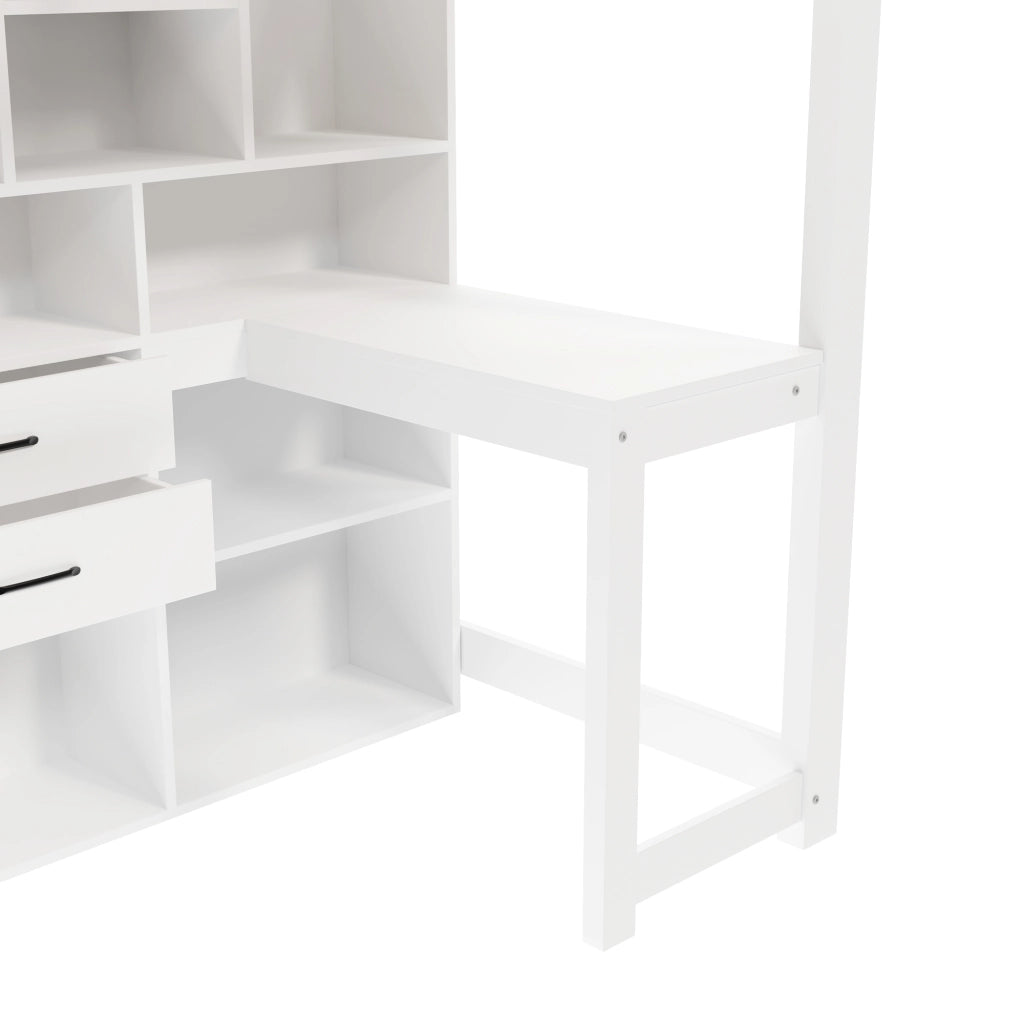 Letto a soppalco 90 × 200 cm con scrivania e armadio; scala contenitore; cassetti; ripiani e barriera in legno bianco