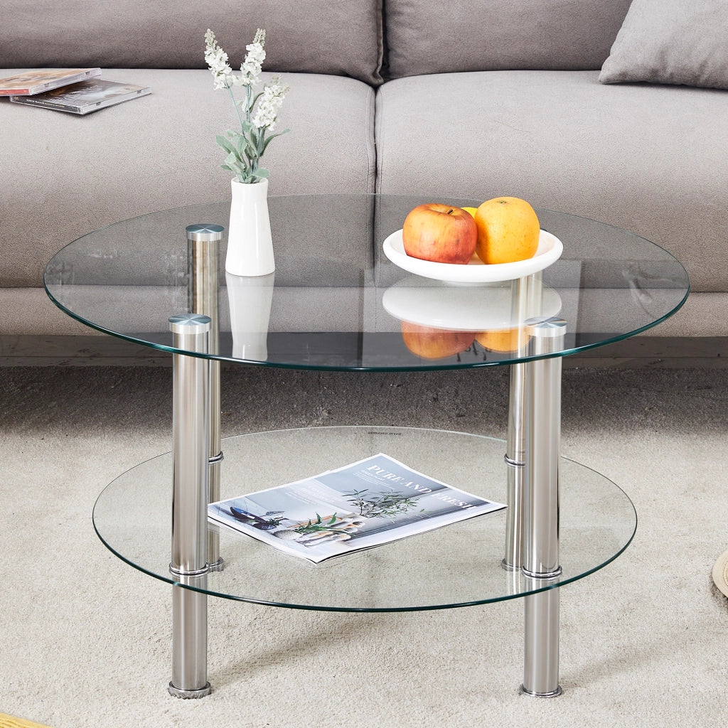 TAVOLINO DA SALOTTO a 2 livelli Ø70/60 cm Vetro Trasparente e Metallo Argento