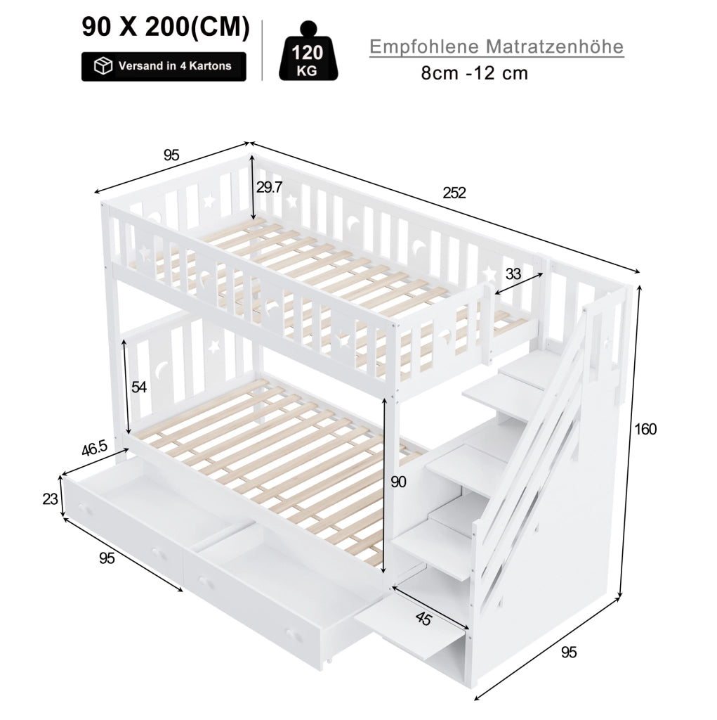 Letto a castello per bambini 90x200 cm con scala contenitore e 2 cassetti bianco