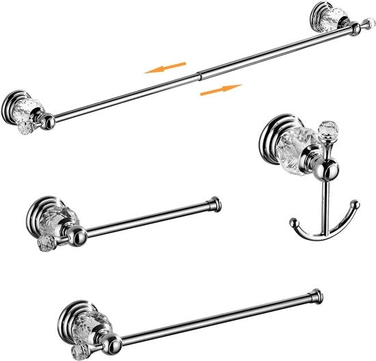 Set di accessori da bagno in cristallo, asse da asciugamano regolabile, supporto per i rulli di carta igienica, asciugamano da bagno, ganci, set di accessori da bagno dorato, fissaggio al muro (cromatura lucida)