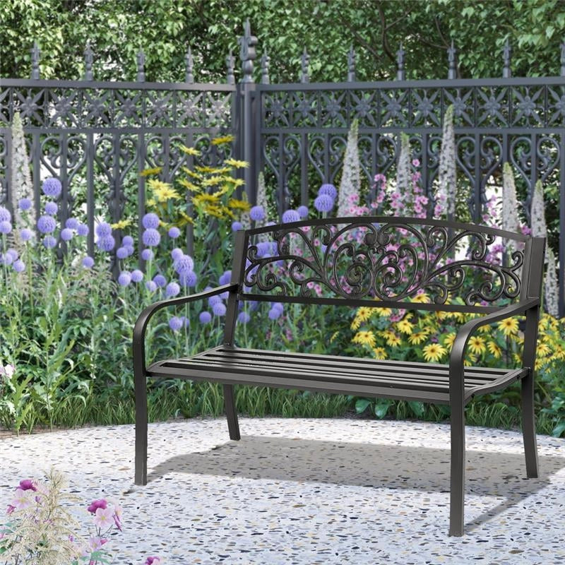 PANCHINA DA GIARDINO CON SCHIENALE DECORATO 127 X 60 X 87 CM METALLO NERO