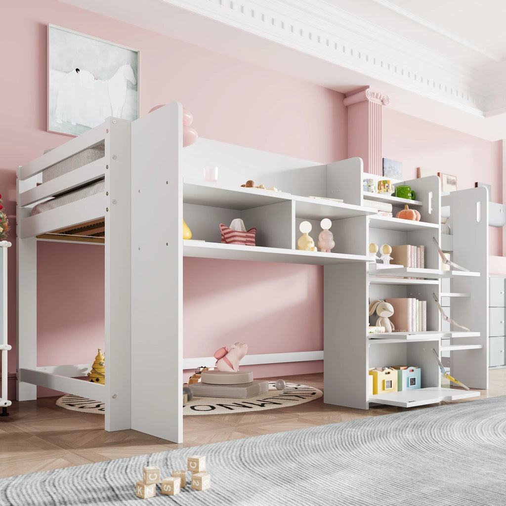 Letto alto bianco in pino con vani di stoccaggio e zona intrattenimento 90x200 cm