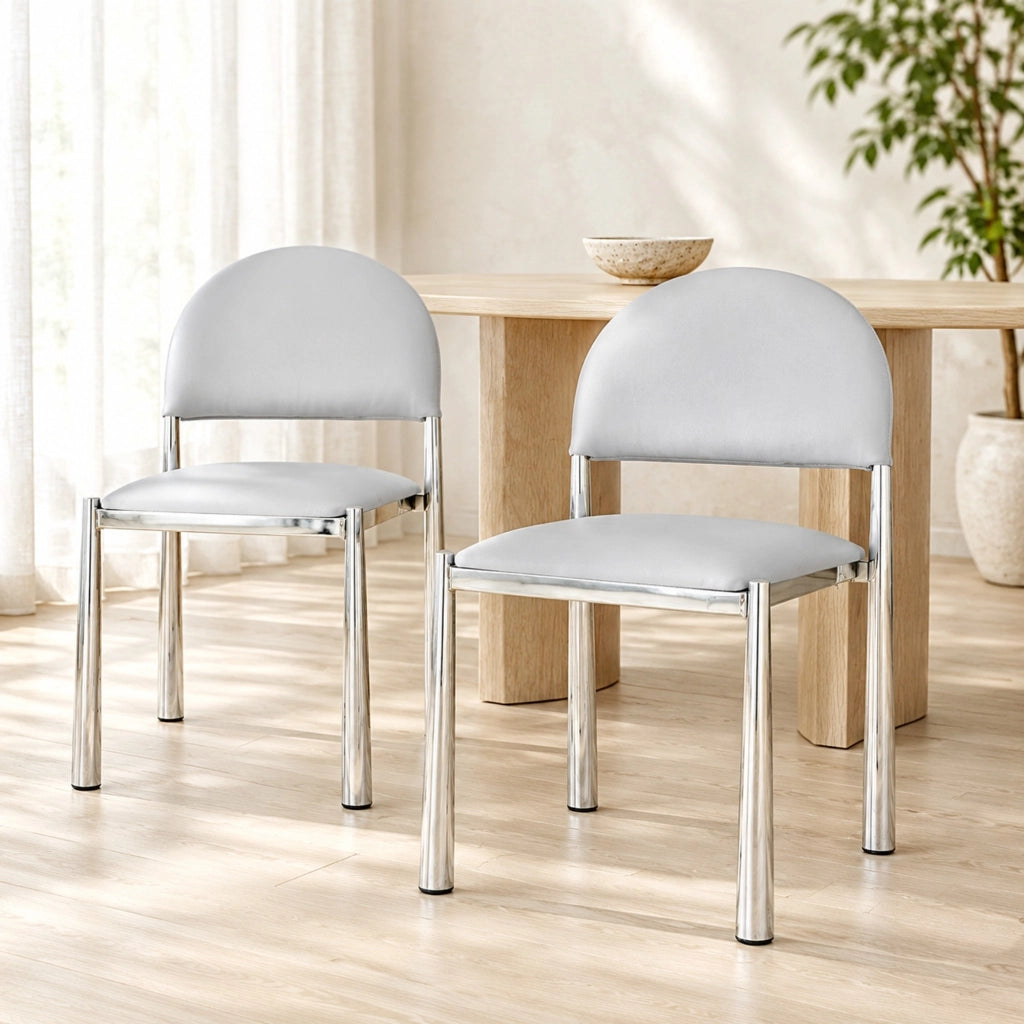 Sedia da pranzo moderna in PU grigio chiaro con schienale semicircolare