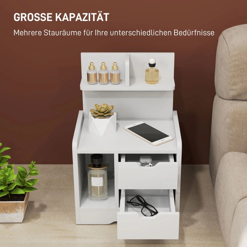 Comodino con 2 cassetti e ripiano aperto, in legno, per camera da letto e soggiorno, bianco, 40 × 30 × 60 cm