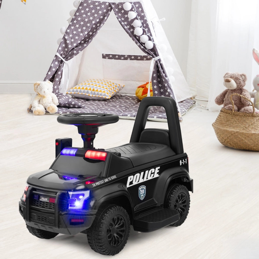 Auto della polizia giocattolo alimentata a batteria, Cavalcabile per bambini con megafono laterale clacson Nero