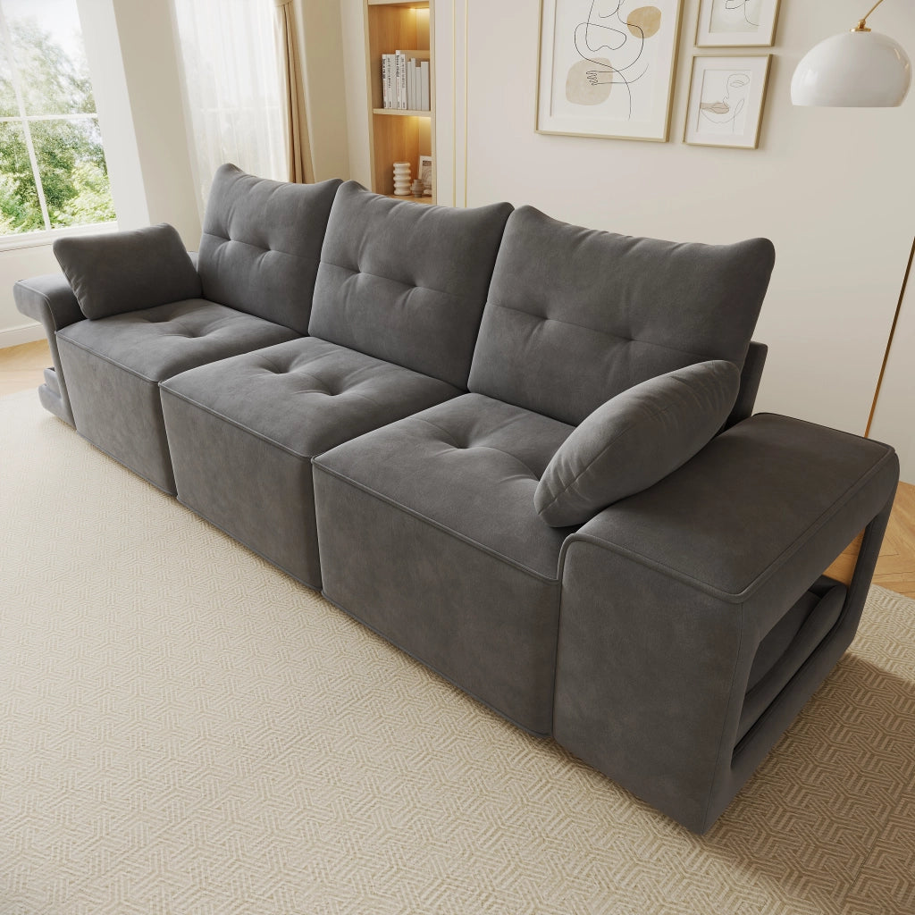 SOFÀ 3 POSTI 229,5x78x84 cm Velluto Grigio con 2 cuscini e vani portaoggetti
