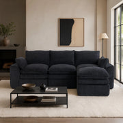 Divano componibile a 3 posti in corduroy nero con pouf, cuscini e tasche laterali, con schiuma a 3 strati e molle