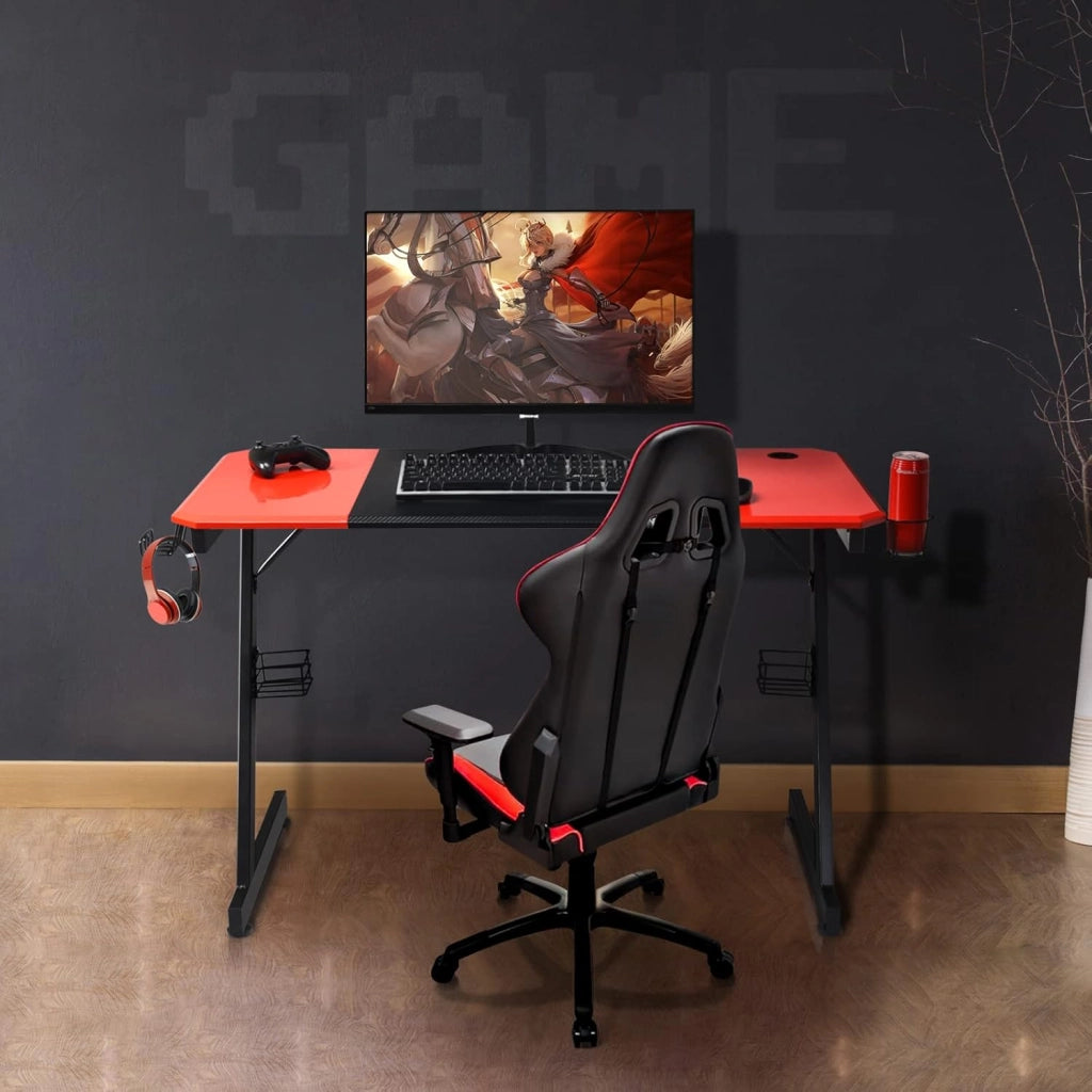 Scrivania Gaming a forma di Z, Scrivania Grande 120x60x76 cm, Scrivania da Gioco con Supporto per Bevande, Tavolo per Gaming o Computer, Ergonomica, Nero+Rosso