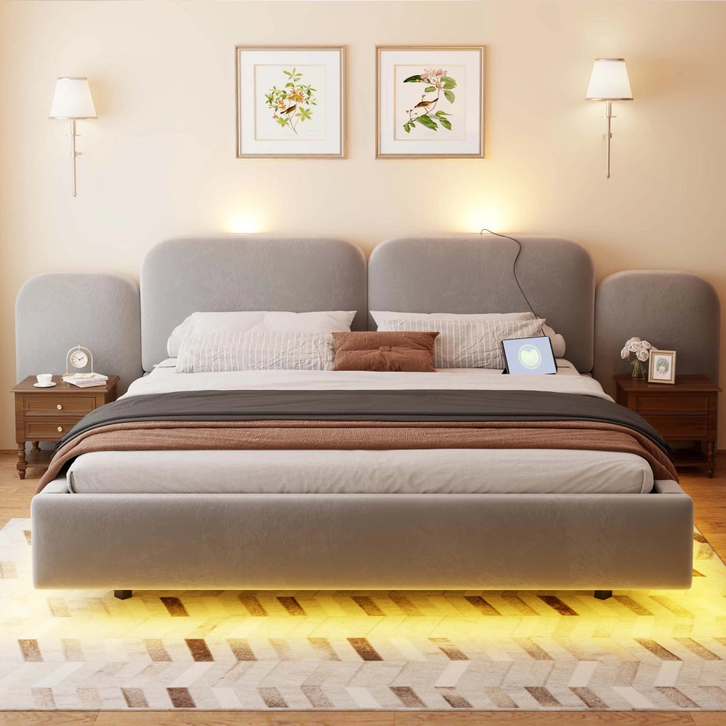 Letto imbottito 180x200 con contenitore idraulico e LED RGB; velluto grigio