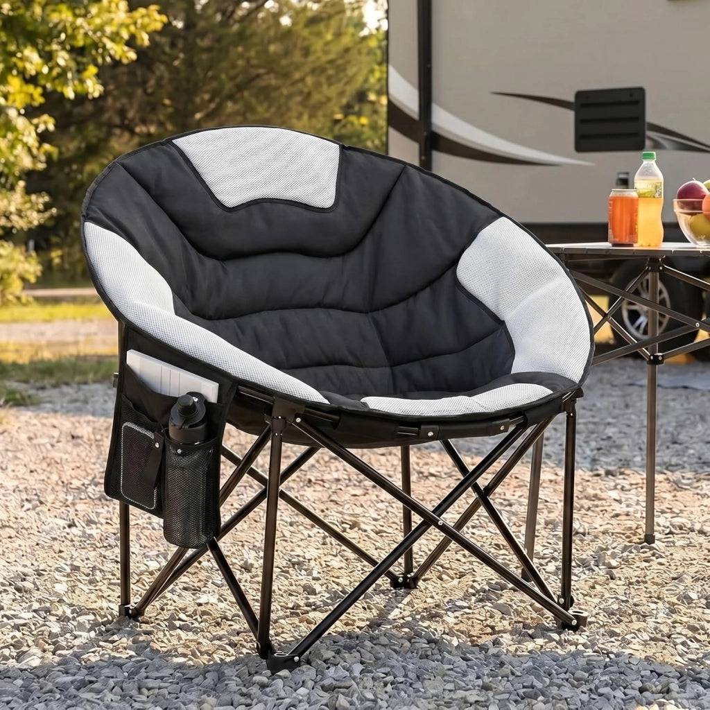 Sedia Pieghevole da Campeggio 150KG, Sedia da Campo Portatile, Moonchair XXL, con rete traspirante, Tasca Laterale, borsa per il trasporto, per Giardino, Spiaggia, Trekking, Pesca, Grigio