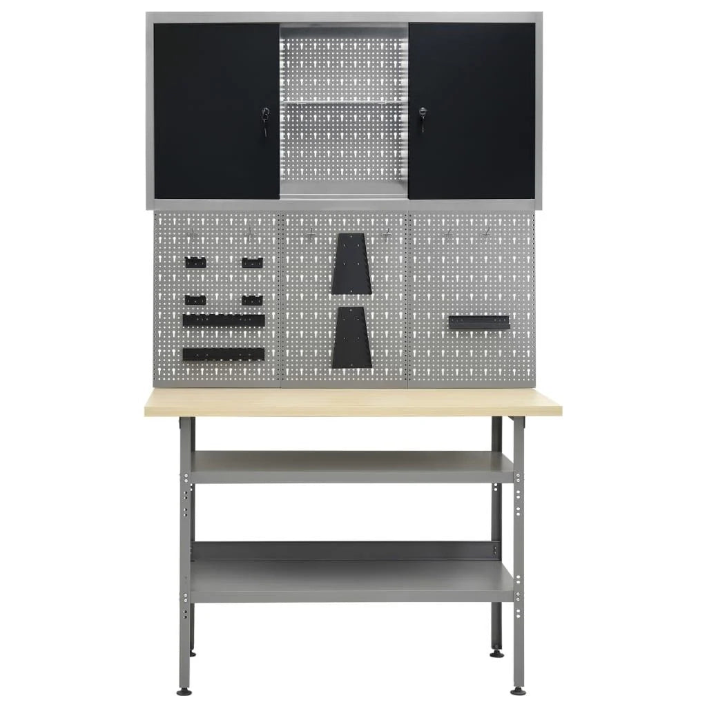 Banco da lavoro da 120 cm con 3 pannelli a parete e 1 mobiletto da officina tavolo da lavoro grigio/nero 02_0003659