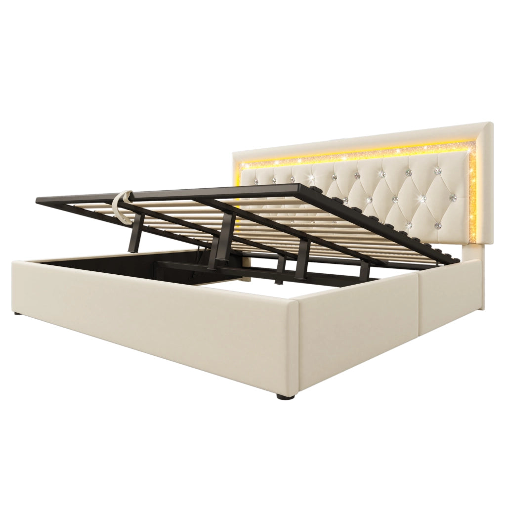 Letto Matrimoniale 180x200 cm; USB e Type-C; LED Regolabile; Contenitore Idraulico; in Velluto Beige