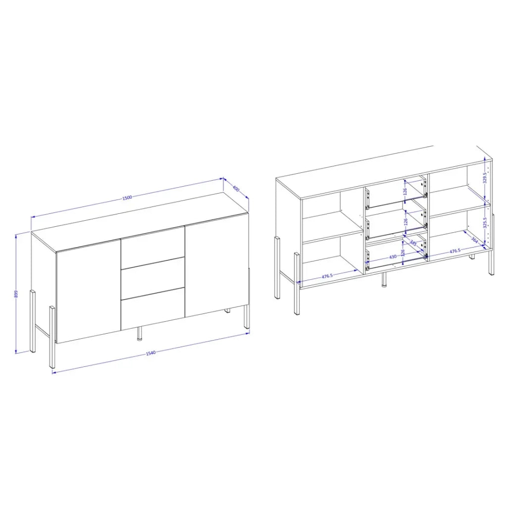 Buffet design collezione SALMA - 2 porte & 3 cassetti – Beige & nero opaco, 154×90×40 cm