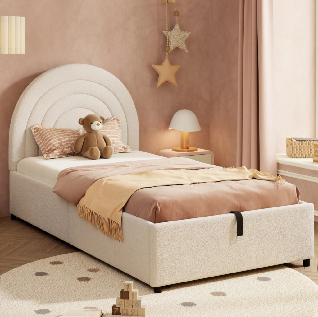 Letto imbottito 90x200 cm con contenitore idraulico; testiera imbottita; bouclé beige