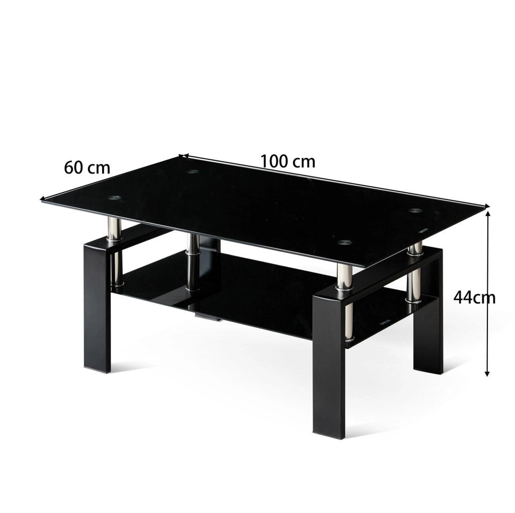 Tavolino da caffè a 2 ripiani in vetro temperato e metallo nero 100x60x44 cm