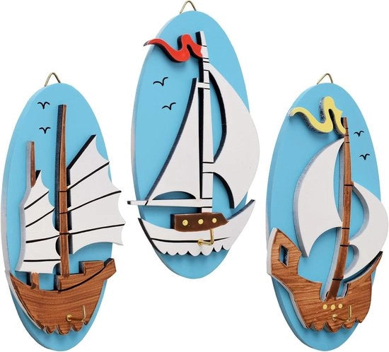 Set di 3 grucce in legno a stile mediterraneo per decorazione e deposito comodo - Tappetini e grucce per asciugamano per diverse applicazioni - Appesi giacche, cappelli e zaini con grucce in legno eleganti (incluso tela)