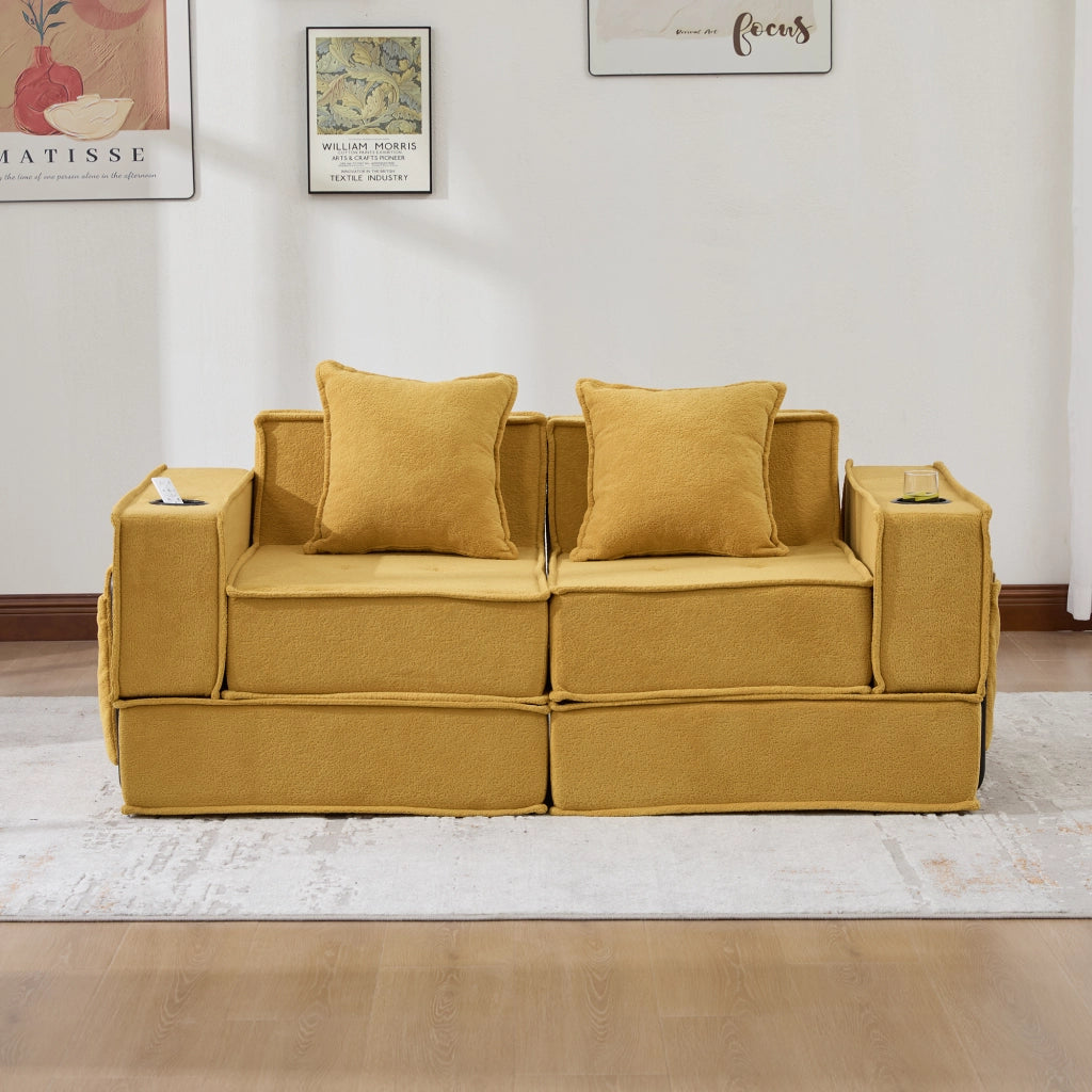 Pouf modulare con tasche laterali e cuscini, seduta ergonomica e struttura bassa stabile, in ciniglia giallo senape